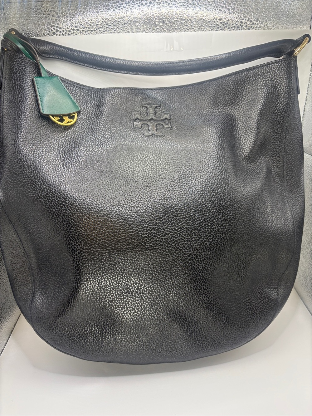 Tory Burch Black Pebbled Leather Shoulder Bag with Tassel Charm
